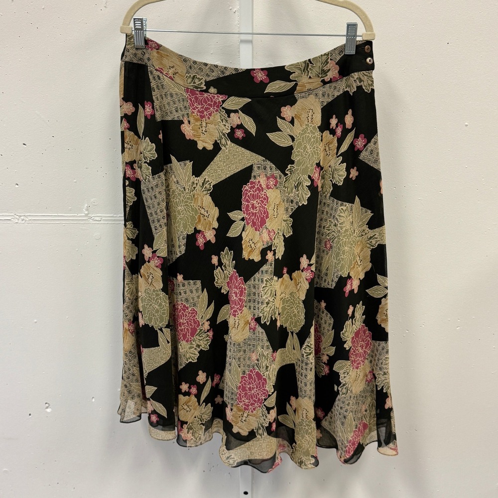 Jones New York Collection Silk Floral Midi Skirt Black Pink Patchwork Size 16